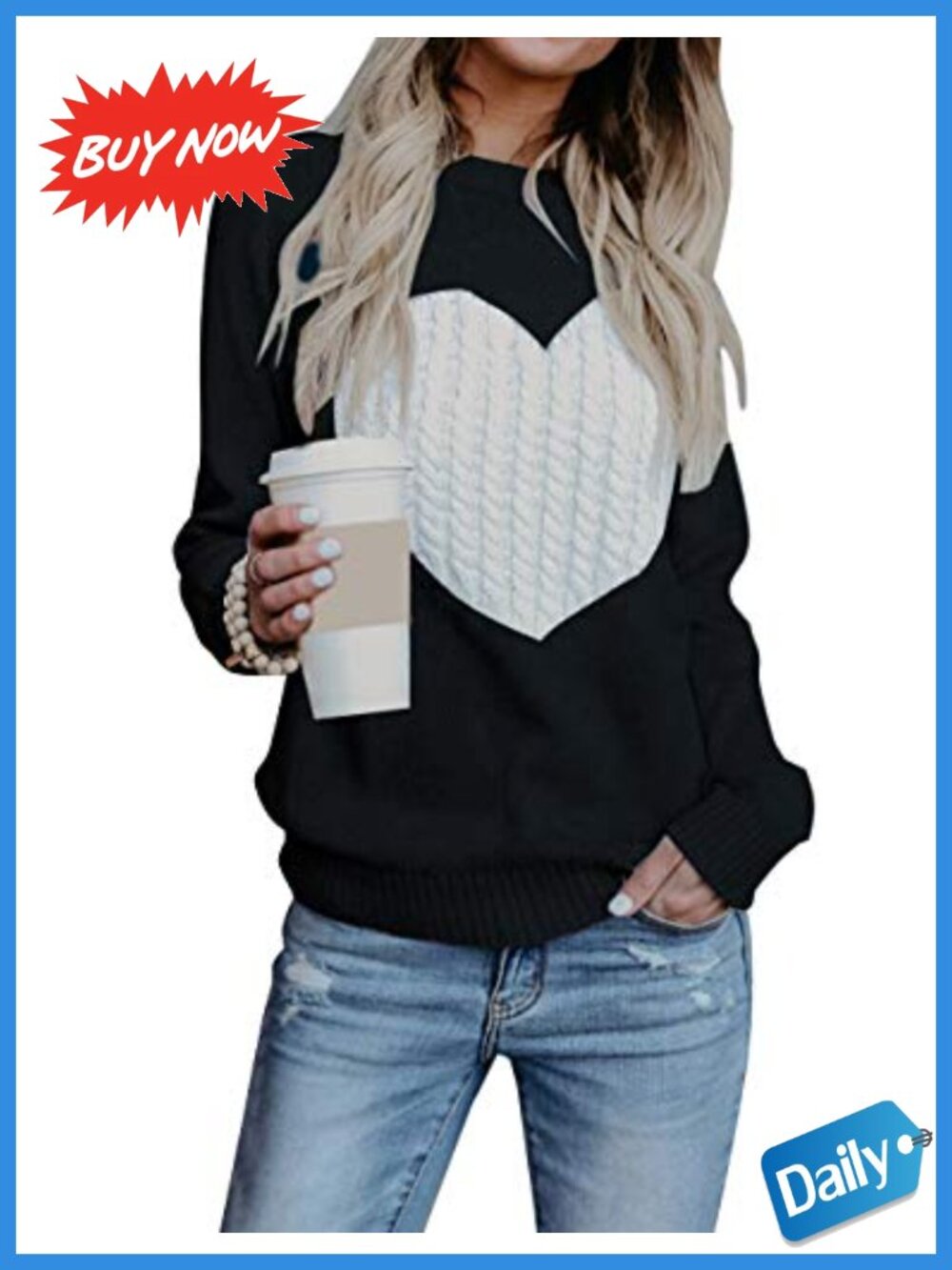 Women's Cute Big Heart Sweater Long Sleeve Crewneck Pullover Knit